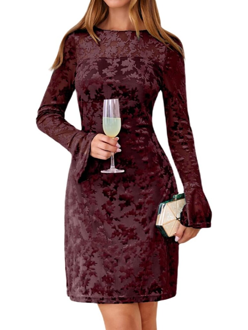 〽️Women’s Burgundy Velvet Floral Sheath Dress Flare Sleeve Cocktail Wedding